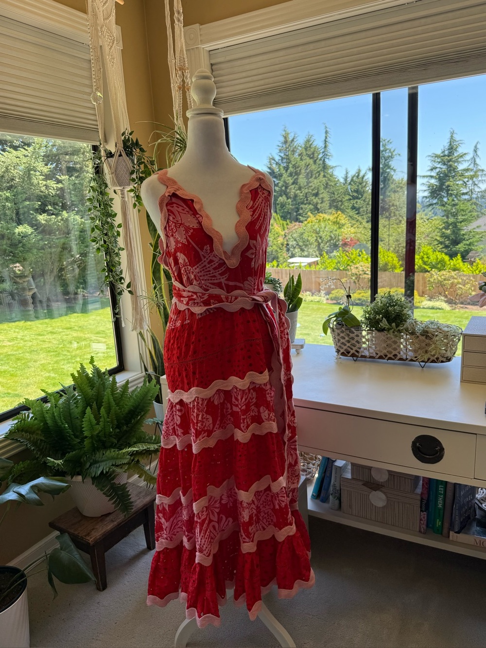 FARM Rio Red and Pink Floral Eyelet Maxi Dress